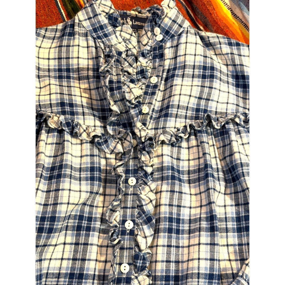Ralph Lauren Women Sz 8 White Plaid Flannel Ruffled Mock Collar Long Sleeve - Picture 3 of 10